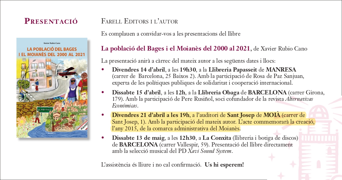 comarcamoianes's tweet photo. 📢Aquest divendres: 

➡️Presentació del llibre "La població del Bages i el #Moianès del 2000 al 2021, dels creixements explosius per les migracions globals a la sobremortalitat pandèmica" de @xavier_rubio. 

🗓️#21abril
🕠7 de la tarda
📍Auditori Sant Josep de #Moià

T'hi esperem! https://t.co/oT0gXhD2NJ