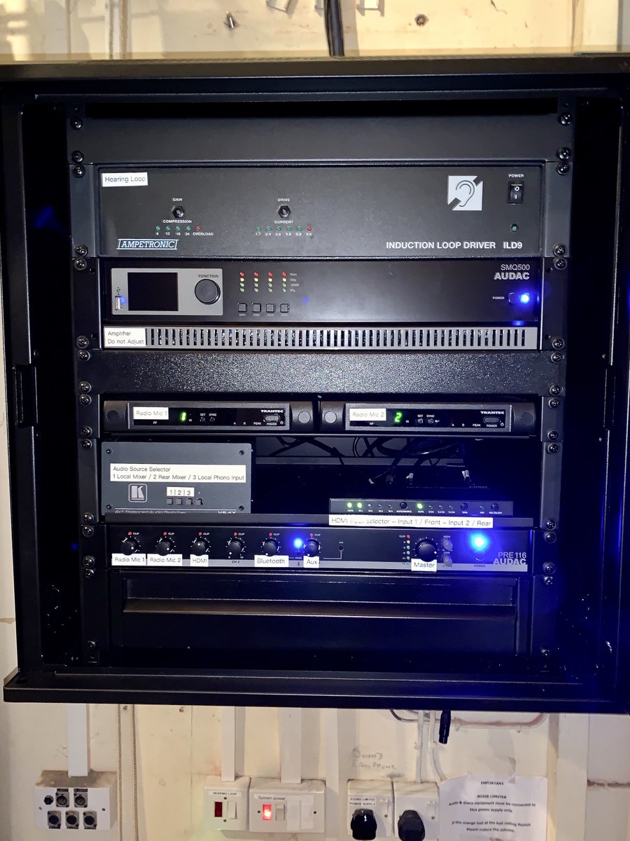 RiverAudioGlos's tweet photo. Really enjoyed transforming the AV system at Blockley Village hall. What was once an over complicated, unreliable sound and video system now has new Optical HD connection points along with new amps, video switching and radio mics and is a joy to use. Thanks to Laura and the team. https://t.co/B87Zhv6oj8