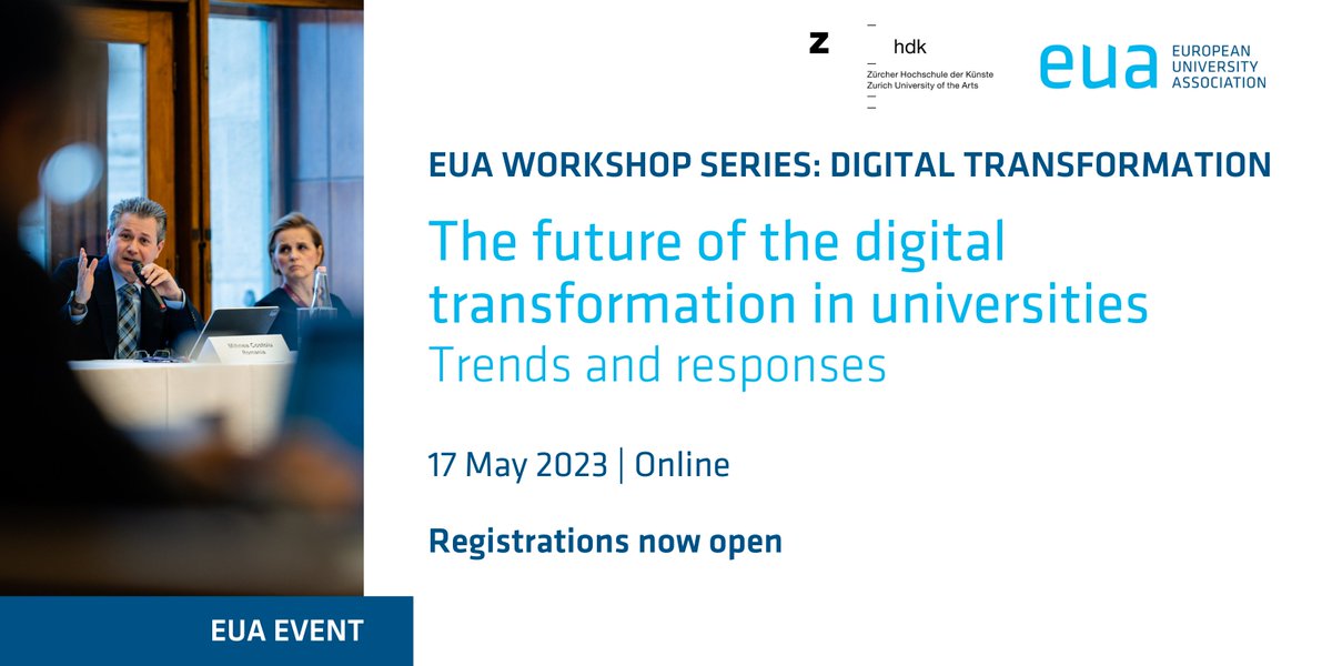 euatweets's tweet photo. Our second #DigitalTransfomration workshop, together with @zhdk, will explore:
1⃣ data use and ownership questions,
2⃣ the role of #EdTech in advancing institutional missions
3⃣ the place of universities in promoting values-based transformation
ℹ️ https://t.co/BArwg0OAJt https://t.co/ga3Zzmpip7