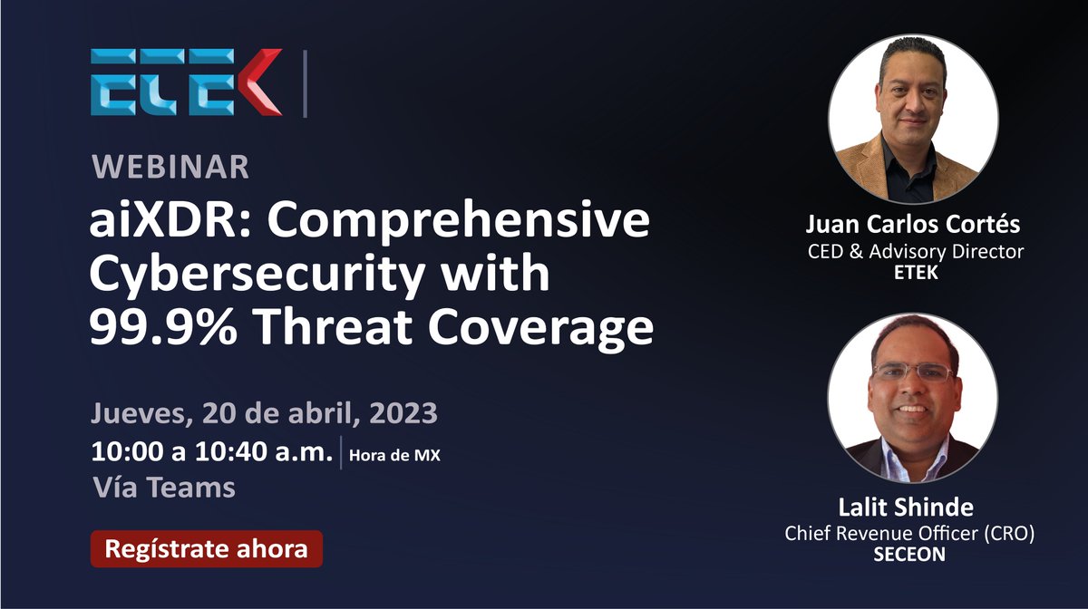ETEKInt's tweet photo. A solo 𝐝𝐨𝐬 𝐝𝐢́𝐚𝐬 de nuestro #webinargratuito enfocado en Managed Security Services (MSS) liderado por expertos en ciberseguridad!

Regístrate gratis → https://t.co/kHH0Rw8Obw

Y conéctate vía teams el Jueves 20 de abril a las 10:00 a.m.,
#technology #ciberseguridad #MSS https://t.co/KiSxwaF8Wr