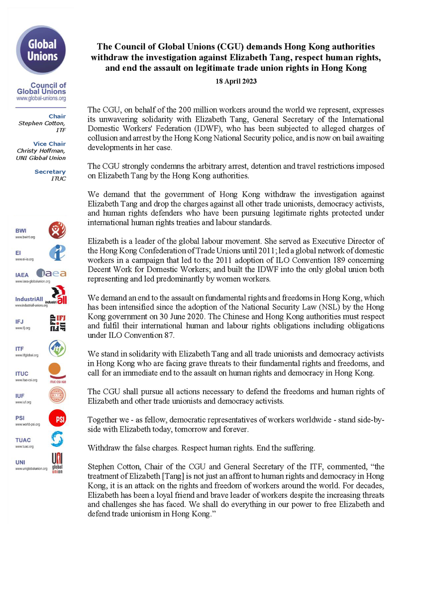 ituc's tweet photo. The ITUC and the Council of Global Unions (CGU) demand the #HongKong authorities to withdraw the investigation against Elizabeth Tang, respect #HumanRights , and end the assault on legitimate trade union rights in Hong Kong! https://t.co/RfmhZgBl1f