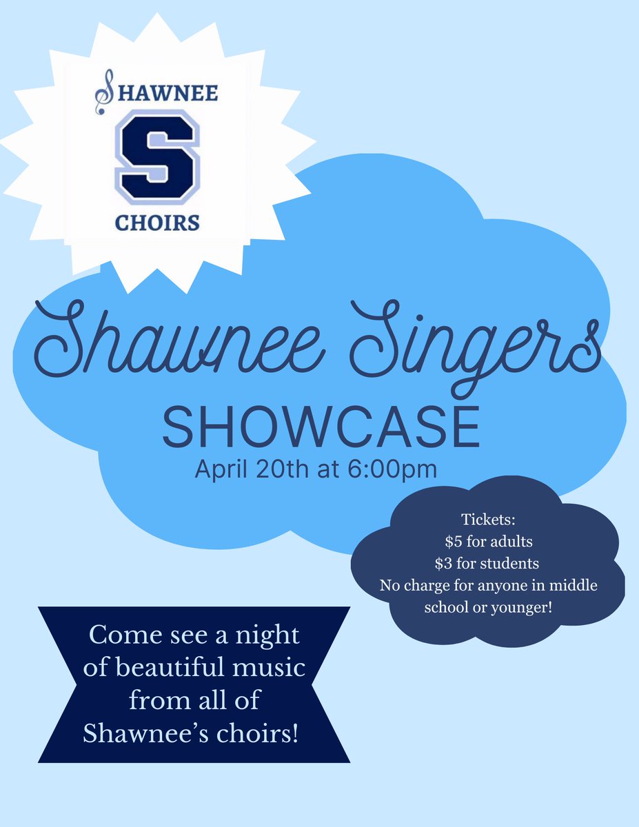 Come out and support the Shawnee Choral Program by attending our Singers Showcase Thursday April 20th <a href="/6pm/">Follow us @Shop6pm!</a>. Tickets are $3 for students. Enjoy an evening of fun popular songs by some of our best voices.