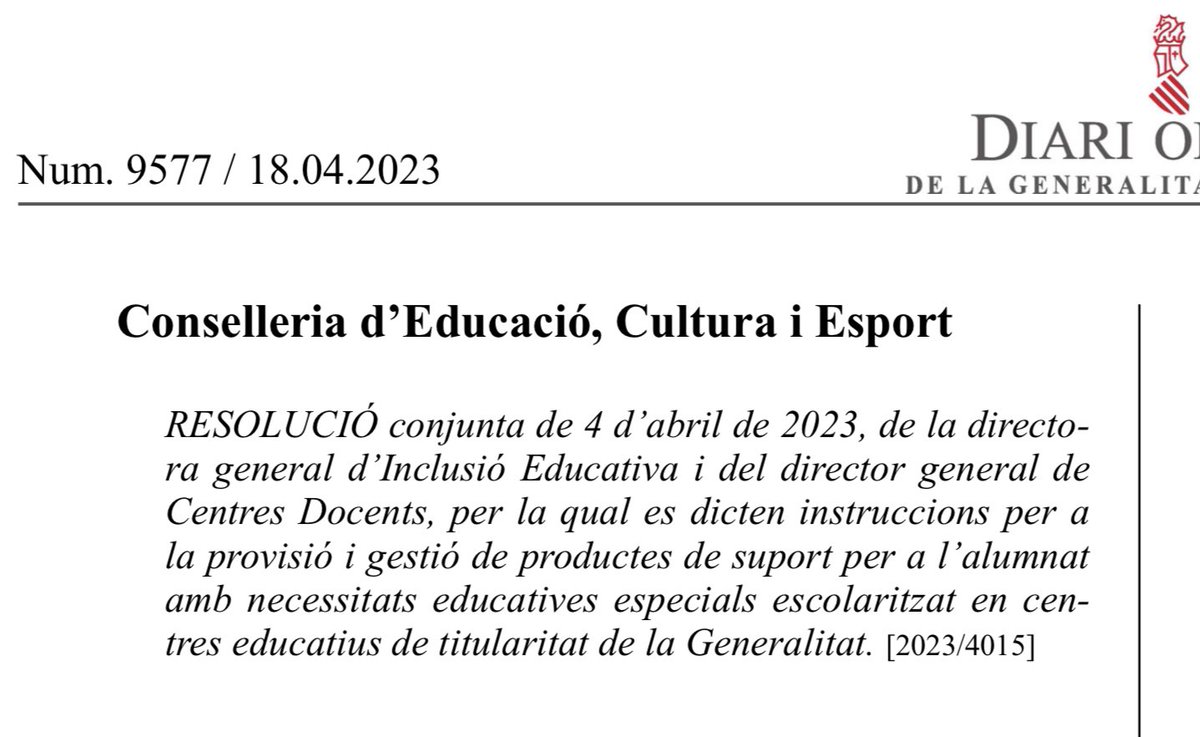 Nou procediment per a la provisió i gestió de PRODUCTES DE SUPORT per a l’alumnat amb necessitats educatives especials escolaritzat en centres educatius de la Generalitat.

dogv.gva.es/datos/2023/04/…