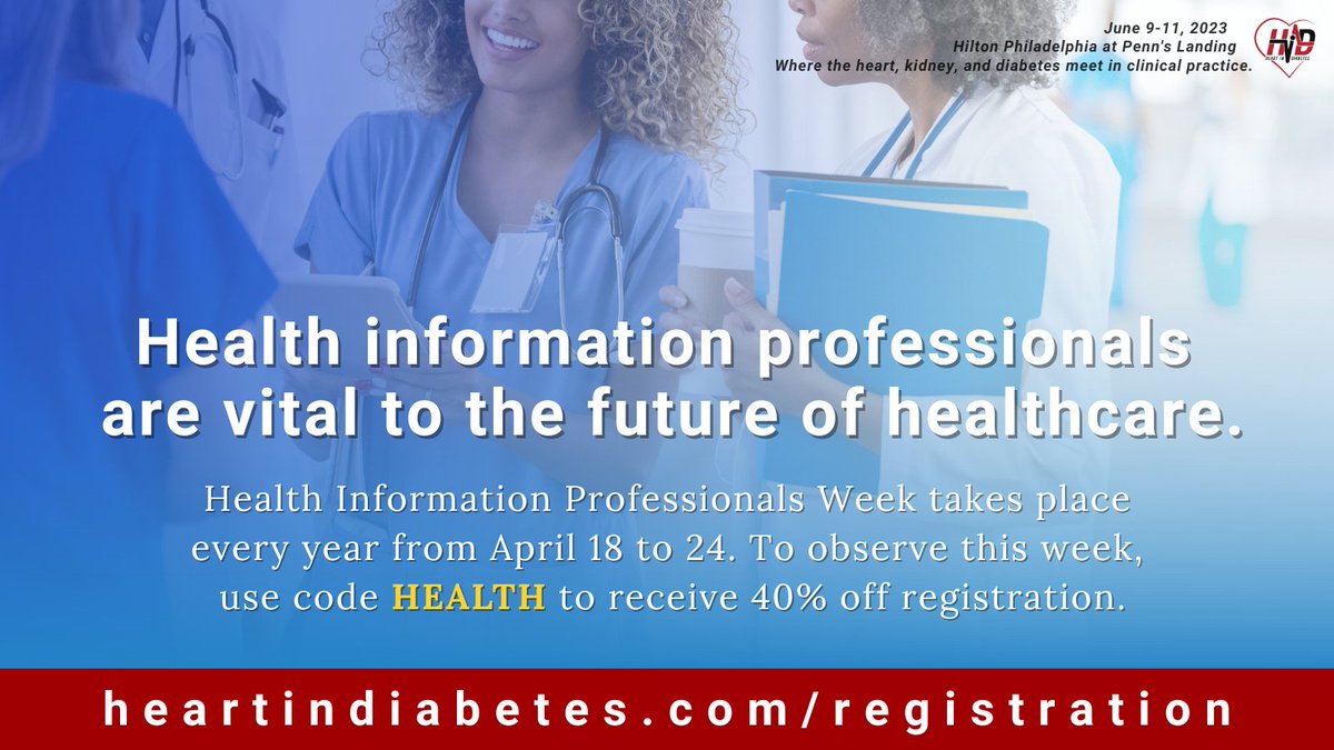 YHandelsmanMD's tweet photo. Wishing you all a happy #HIPWeek23! We recognize your impact on the quality of patient care. As a special treat, use code HEALTH to get 40% off on the upcoming @HeartinDiabetes. Get the opportunity to learn, network, and earn #cme this June; visit https://t.co/BDHTVBrcWo

#meded https://t.co/fhekgaIxpa