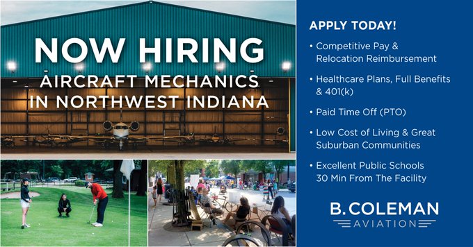 colemanaviation's tweet photo. Are you looking to start an exciting new career as an aircraft mechanic for a great company? 

Excellent benefits, paid time off, 401K!

Please send your resume to jobs@b-coleman.com 

#aircraftmechanic
#benefits
#aviation
#jobs
#indianajobs
#chicagojobs
#nwindiana
#hiringnow https://t.co/E4QCfD3HYV
