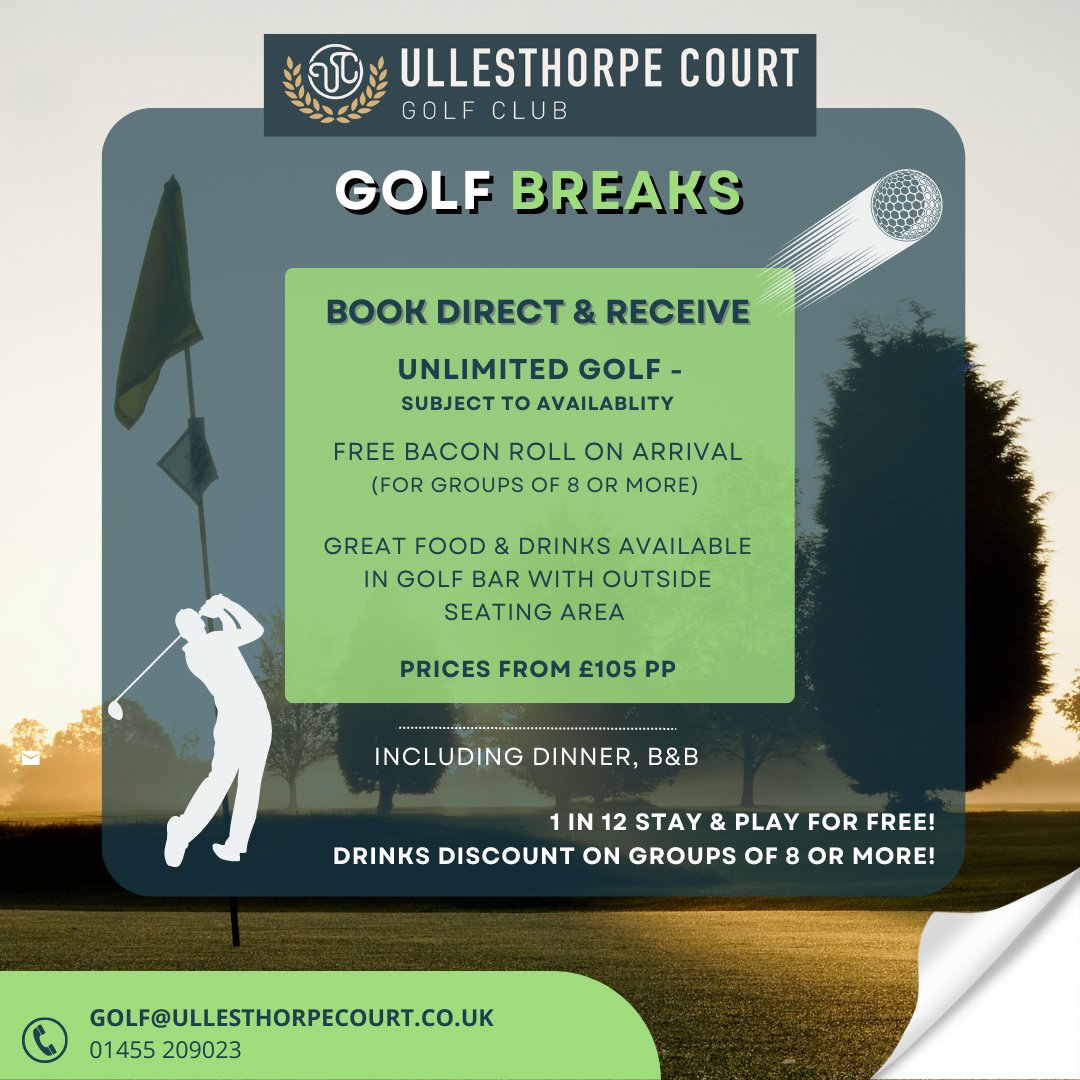 BWUllesthorpe's tweet photo. This is your chance to get away and enjoy a spot of golf with prices starting from little as £105 pp⛳️
We'll even throw in a free bacon roll on arrival and discount off drinks for groups of 8 or more - just for being such a great group.
☎ 01455 209023 https://t.co/vAg8xUhVz5