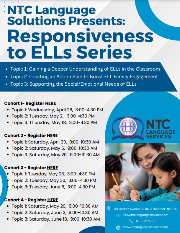 Join <a href="/MidStateRBERN/">Mid-State RBERN @ OCM BOCES</a> &amp; <a href="/NTCLanguages/">NTC Language Services</a> in our Responsiveness to ELLs 3-topic virtual series! 

Topic 1: Gaining a Deeper Understanding of ELLs in the Classroom

Topic 2: Creating an Action Plan to Boost ELL Family Engagement

Topic 3: Supporting the Social/Emotional Needs of ELLs