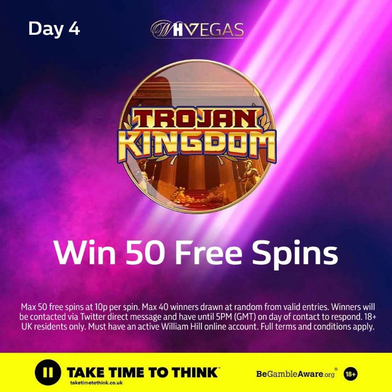 WillHillVegas's tweet photo. 🎉 Win 50 Free spins to play on Trojan Kingdom 🎉

To enter:

👍 Follow @WillHillVegas
🔁 Retweet this post

The prize draw will run until 11:59pm (GMT) on 21st April.

18+ | T&amp;Cs apply 👇