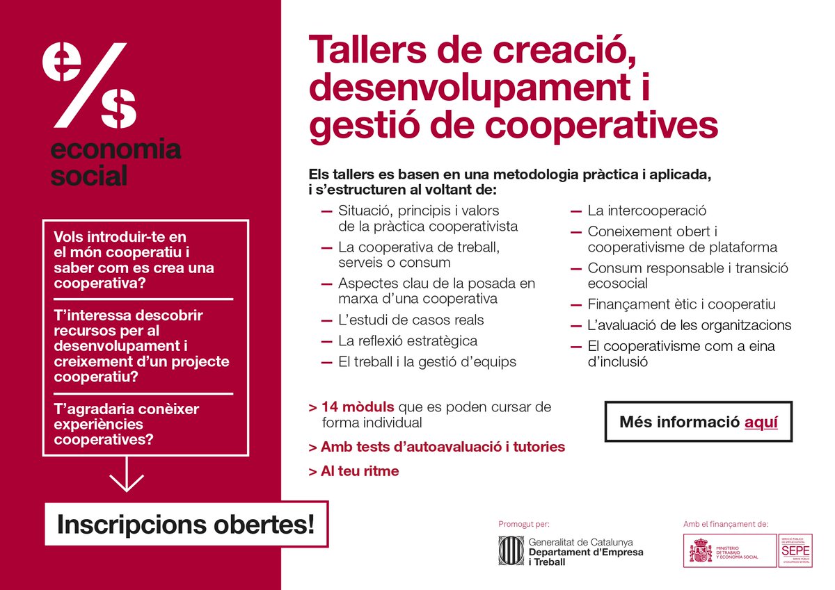 Labcoop_'s tweet photo. #AgendaESS
📢Ja et pots inscriure a la 8ª edició dels Tallers de creació, desenvolupament i gestió de cooperatives! 👉Una #Formació d’@econ_socialcat gratuïta, virtual i flexible sobre #Cooperativisme i #ESS
Més info a https://t.co/CzaNrLo4Be https://t.co/0JnM4bAO0c