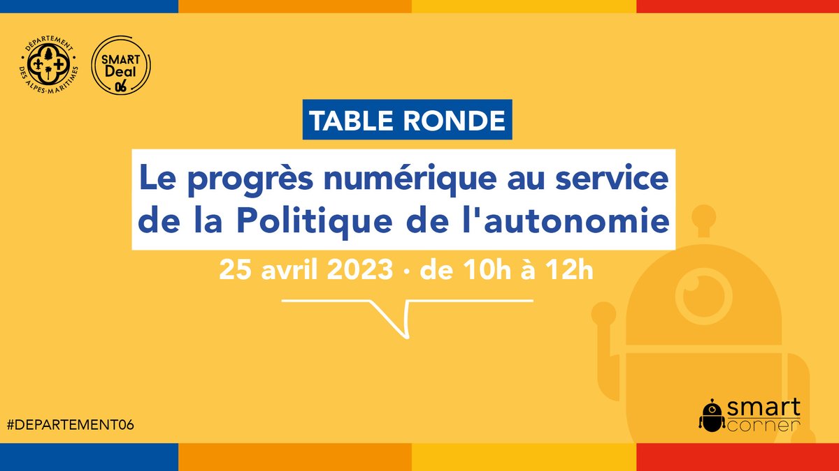 departement06's tweet photo. #SmartCorner : Save the date pour la prochaine table ronde « Le progrès numérique au service de la Politique de l'autonomie » ! Le #Département06 et la #CNSA (Caisse nationale de solidarité pour l'autonomie) et vous invitent à participer le temps d’une matinée (10h-12h) à la table ronde #SMARTCorner du mois d’avril.
Au programme :
- Le numérique au service de la qualité de la prise en charge, performance et efficience des établissements ou service social ou médico-social (ESMS), par Alain DIDIER , responsable du programme ESMS Numérique au sein de la Caisse nationale de solidarité pour l’autonomie ;
- Les grands témoignages du Département des Alpes Maritimes, avec Sébastien MARTIN, Directeur de l’Autonomie et du Handicap ; et de Fanny Bihoreau, Directrice d’EHPAD ;
- Un atelier d’idéation « Le progrès numérique au service de l'accessibilité des droits & des aides : Comment faciliter les démarches pour les publics en situation de perte d'autonomie et de leurs aidants ? »
Inscrivez-vous dès à présent : https://t.co/WuUlgYIRbZ
Pour toute question, n'hésitez pas à nous contacter via smartcorner@departement06.fr.