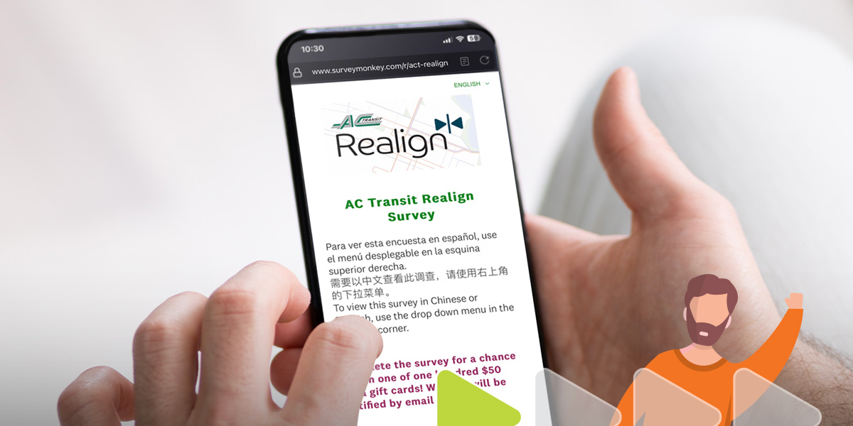 rideact's tweet photo. Help shape the future of AC Transit! Our Realign project evaluates our current service network &amp; aims to develop a new one focused on riders &amp; equity. 

Take our survey to provide feedback &amp; improve the transit experience for everyone.

Survey: https://t.co/x8acCR70ph https://t.co/7qnYbIaSBz