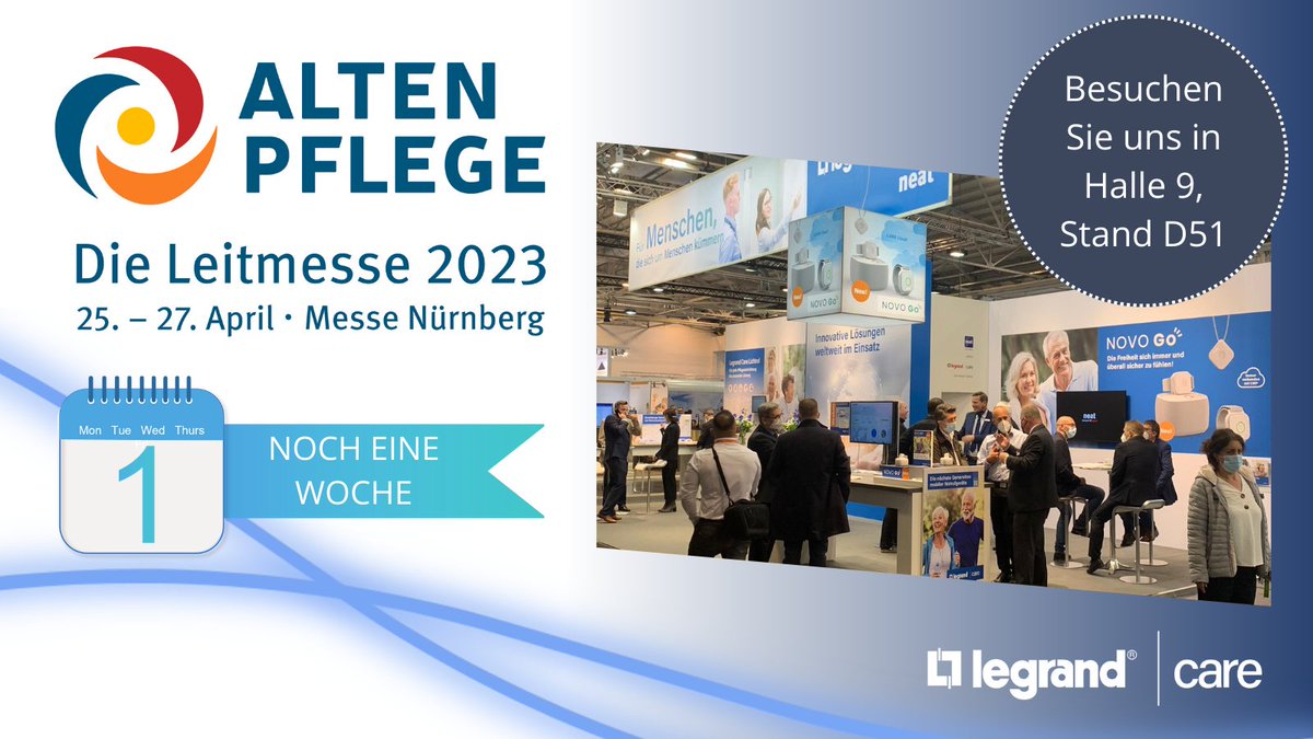 Nur noch eine Woche bis zum Start der Altenpflege auf dem Nürnberger Messegelände.

Besuchen Sie Legrand Care vom 25. bis 27. April in Halle 9, Stand D51.