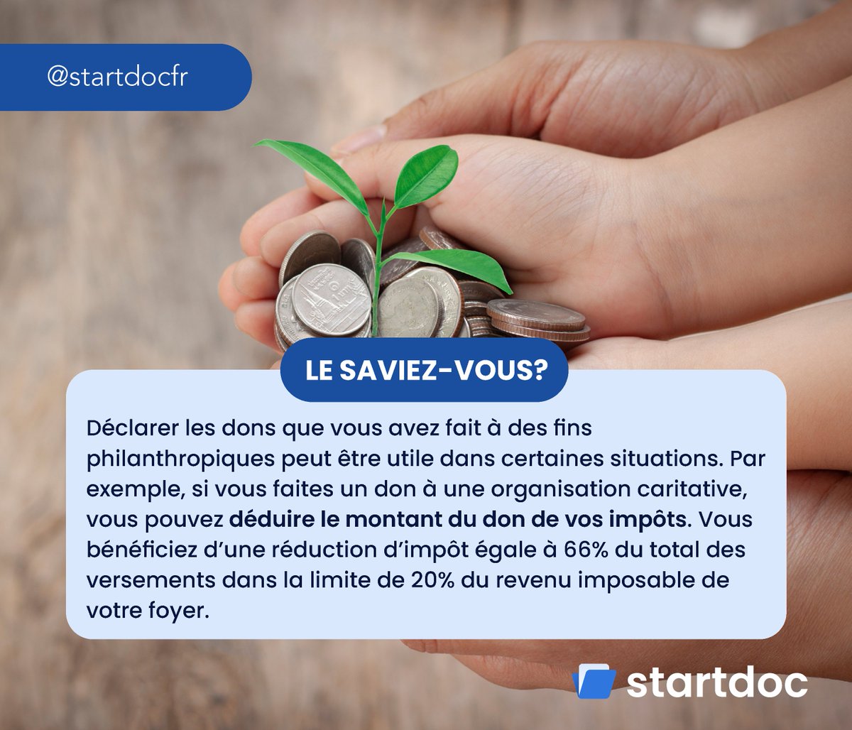 startdocfr's tweet image. Le saviez-vous ? Si vous faites un don à une organisation caritative, vous pouvez déduire le montant du don de vos impôts. 💡

Retrouvez le formulaire: CERFA 11278-15 : Déclaration de dons manuels et sommes d'argent sur startdoc ➡️ startdoc.fr/documents/1648…