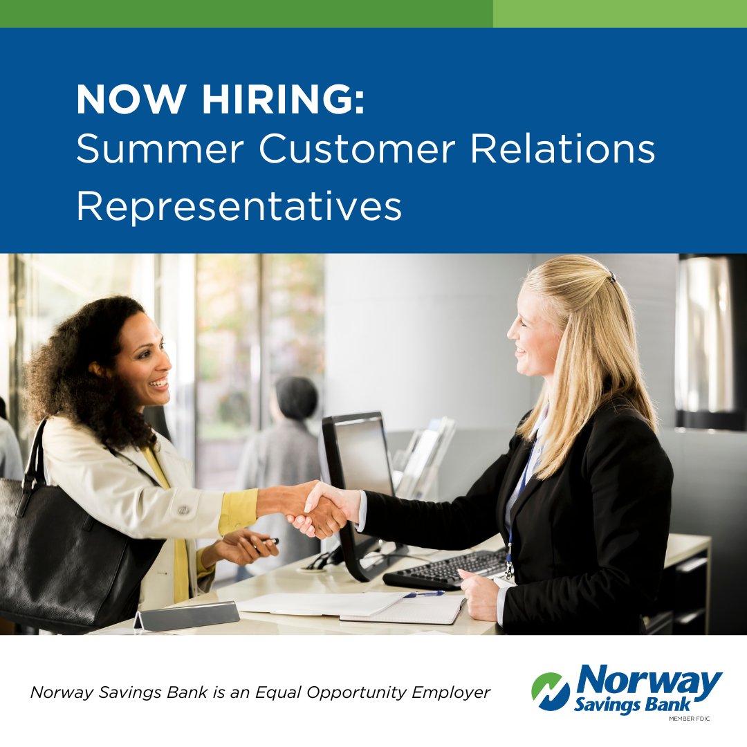 NorwaySavings's tweet photo. Exciting opportunities await you! Build professional experience while developing lasting relationships as a Summer Customer Relations Representative at Norway Savings Bank! Visit https://t.co/GxSqR5b1Ed to learn more &amp; apply! https://t.co/Avl039Tjdn