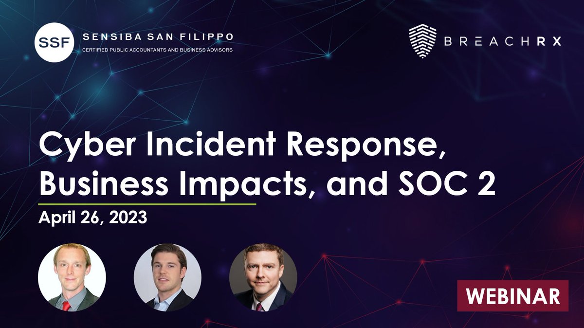 BreachRx's tweet photo. Join our own Matt Hartley (@wmhartl) as he covers #Cybersecurity Incident Response, Business Impacts, and SOC 2 on Apr 26 at 2p ET / 11a PT with William Confer &amp; Christopher Roe of Sensiba San Filippo LLP (@ssfllp).

Register here:
https://t.co/6xG5Z5RV8F

#incidentresponse #soc2 https://t.co/PbgpTfl2xB