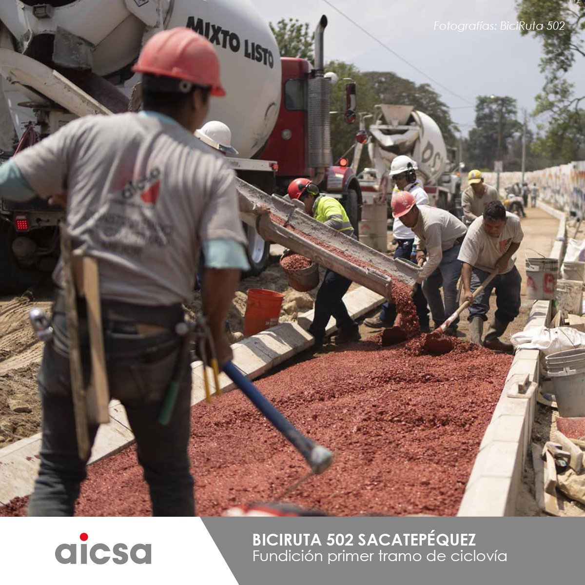 El pasado 15 de abril, iniciamos la fundición del primer tramo de los 21 kilómetros de la pista de BiciRuta 502 Sacatepéquez. En AICSA estamos comprometidos en construir un mejor país para todos.