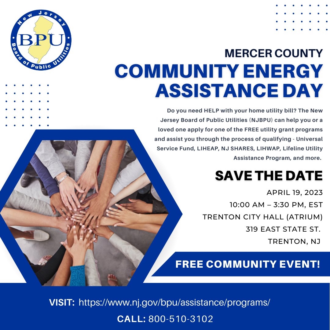 NJBPU's tweet photo. TOMORROW: The City of Trenton and Mercer County residents, please join the NJBPU at the Trenton City Hall Atrium for Utility Assistance Day! Learn more about how you can receive help if you are struggling to pay your electric bills. #UtilityAssistanceWeek https://t.co/A75vuCtt27