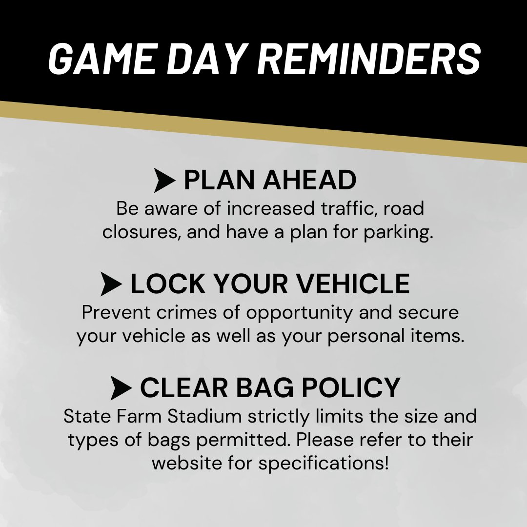 Are you ready for the big match? We sure are! Officers will be stationed around the exterior of @Statefarmstadium to ensure traffic flows as effortlessly as possible. 

Here are a few reminders to make sure your game day is all about the experience!