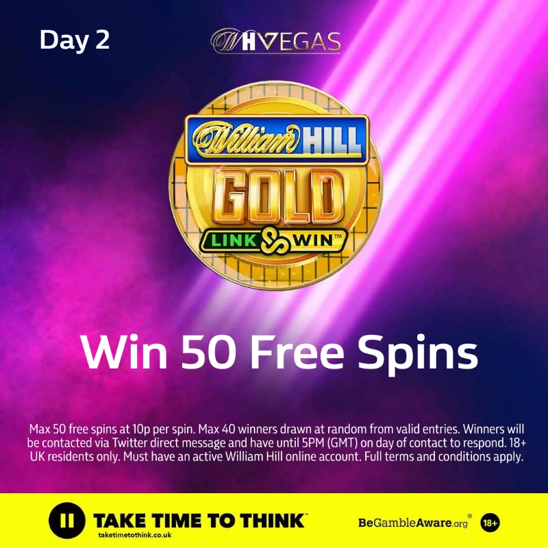WillHillVegas's tweet photo. 🎉 Win 50 Free spins to play our exclusive game William Hill Gold: Link &amp; Win  🎉

All you have to do is:

👍 Follow @WillHillVegas
🔁 Retweet this post

The prize draw will run until 11:59pm (GMT) on 19th April.

18+ | T&amp;Cs apply 👇