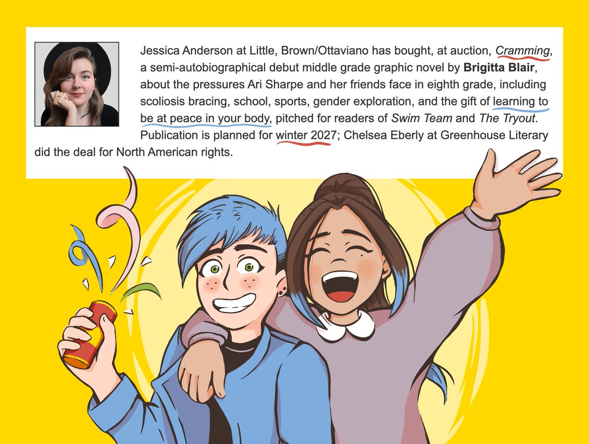 BrigittaBlair's tweet photo. CRAMMING, my debut MG graphic novel, is going to be published by @LittleBrownYR in winter 2027!

This story is for the kids wearing scoliosis braces who never saw themselves in media and for anyone who's ever felt like they didn't fit in. 🧵(1/5) https://t.co/tS6VW6B7YA