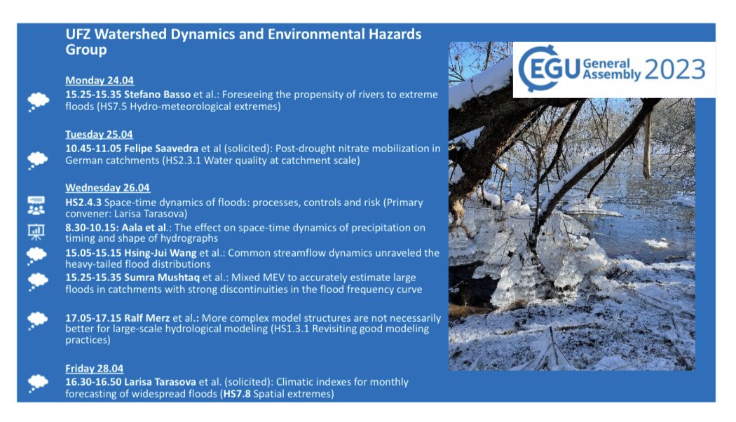 lytarasova's tweet photo. Busy #EGU23 plan for the @UFZ_de group on #watershed dynamics and #environmental #hazards! Interested to meet with us? Here is a schedule of our group 🗓️ Looking forward to see you in Vienna 🤩
@fesaaved @AalaSafae @catchlab1 @SumraMushtaq3 @AriannaMiniussi https://t.co/tWIJviR7uw