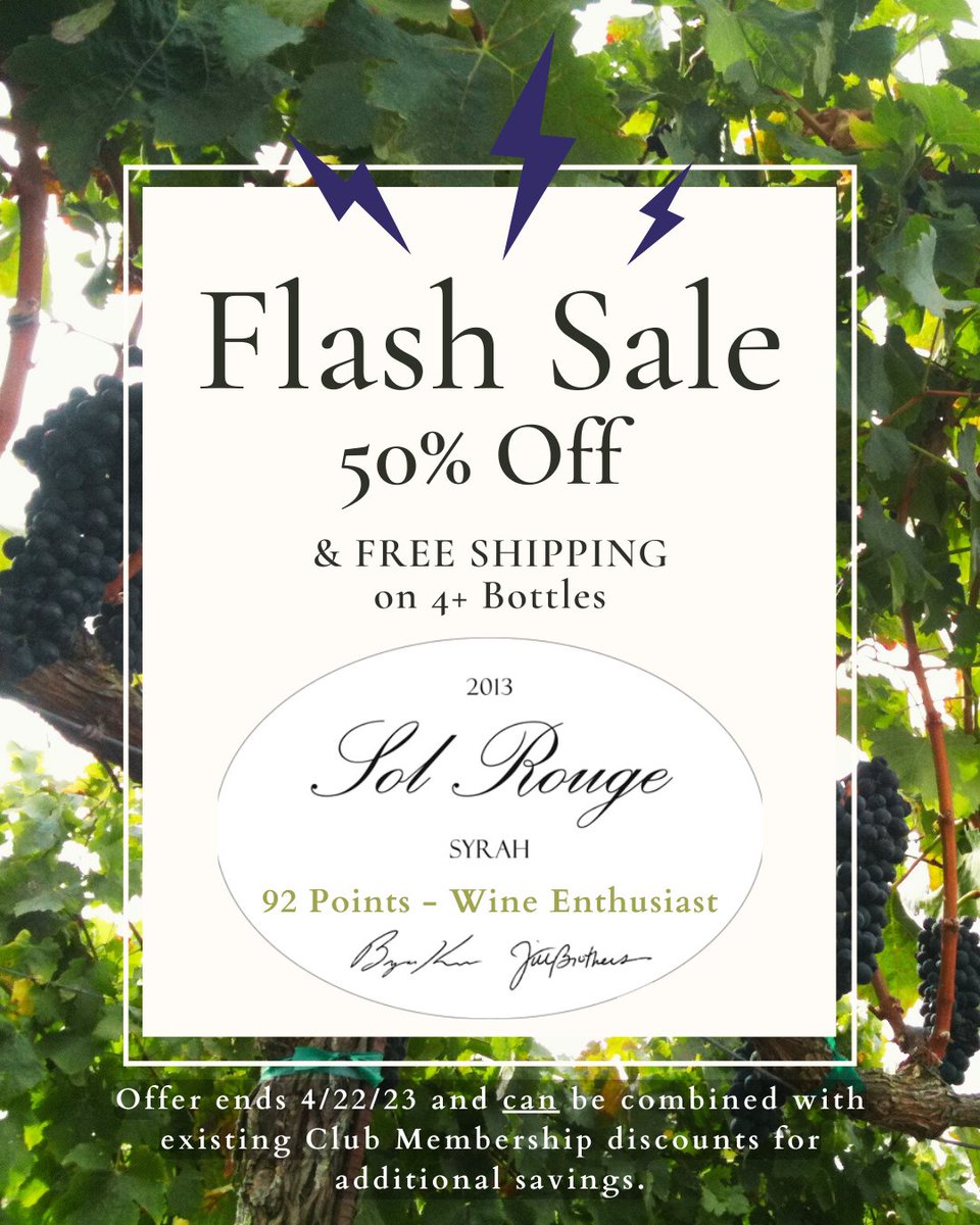 SolRouge's tweet photo. FLASH SALE - 50% Off &amp; Free Shipping on 4 bottles of 2013 Sol Rouge Syrah (92 Points - Wine Enthusiast)!

Get 50% Off &amp; Free Ground Shipping when you purchase 4 bottles of our 2013 Syrah.
Was $188.00, Now only $94.00.

https://t.co/tCFWszT5Hu https://t.co/xcXNYASHk1