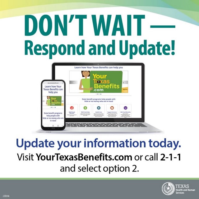BTCS_Health's tweet photo. Reporting changes to your benefits is easy when you have a Your Texas Benefits account. Report any information that changed from your last application or renewal at https://t.co/3ka8LJpfuo or call 2-1-1 and select option 2 

#YourTexasBenefits #Medicaid https://t.co/iPekRGNmYy
