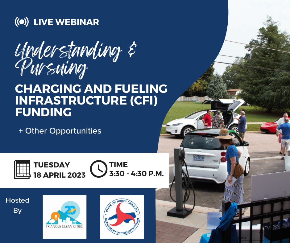 trianglealtfuel's tweet photo. TODAY!!

Join TCC and NCDOT at 3:30 EST for a live #webinar to learn about how to take advantage of the Charging and Fueling Infrastructure Discretionary Grant Program (#CFI Program) in coordination with other available #funding opportunities.

Register: https://t.co/YIyX69DQit https://t.co/9xUFUmYNJg