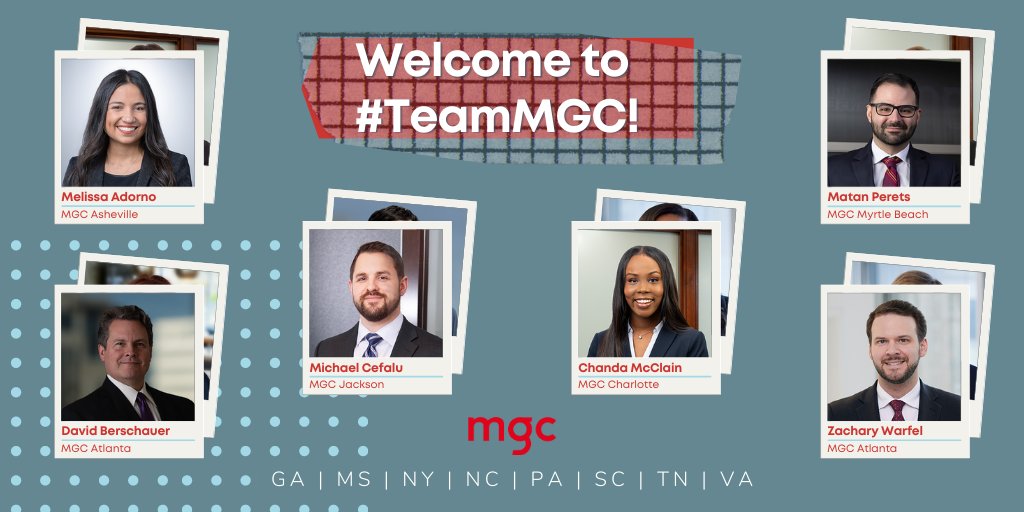 MGCLaw's tweet photo. Join us in welcoming Melissa Adorno (MGC Asheville), David Berschauer (MGC Atlanta), Michael Cefalu (MGC Jackson), Chanda McClain (MGC Charlotte), Matan Perets (MGC Myrtle Beach) and Zachary Warfel (MGC Atlanta) to #TeamMGC!
#MGCLaw https://t.co/EN83TbkuIo