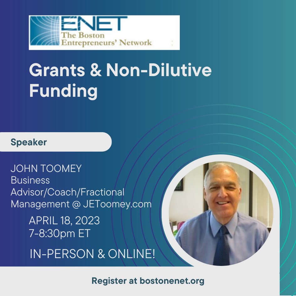 A business &amp; management coach working with senior executives and key managers at companies like LinkedIn, Gilead Sciences, Inc, Altira, Delta-v Capital joins us on 04/18! John shares his wisdom at ENET's Grants &amp; Non-Dilutive Funding! Register here: conta.cc/3M6Mut2 #enet