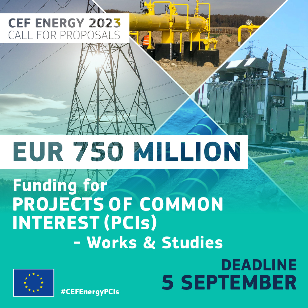 cinea_eu's tweet photo. 📣New call for proposals under #CEFEnergy!

As from now, applications for Works &amp; Studies for the implementation of #PCIs are welcome.

In total, €750 million available for #EnergyInfrastructure: #electricity, #smartgrids, #gas &amp; #CO2network.

More info ➡️https://t.co/nYiiUsT6Mc https://t.co/4uklXlevfW