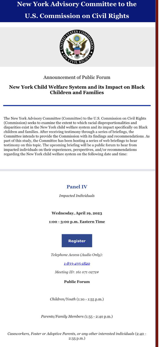 SankofaRose's tweet photo. Pack the (virtual) house tomorrow, Wednesday, 4/19. To register and learn more about the Civil Rights investigation of antBlack racism in the New York family policing system - 

https://t.co/paex7O6OQL https://t.co/ULwwzGLjaD