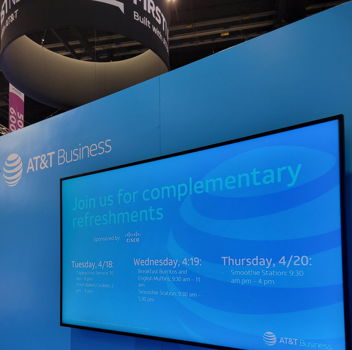JoeCutrell's tweet photo. At @HIMSS23 today! Come by and get some cappuccino today, see the attached picture for timing the cookies too.  ☕️🍪 https://t.co/JAj26MzTvc