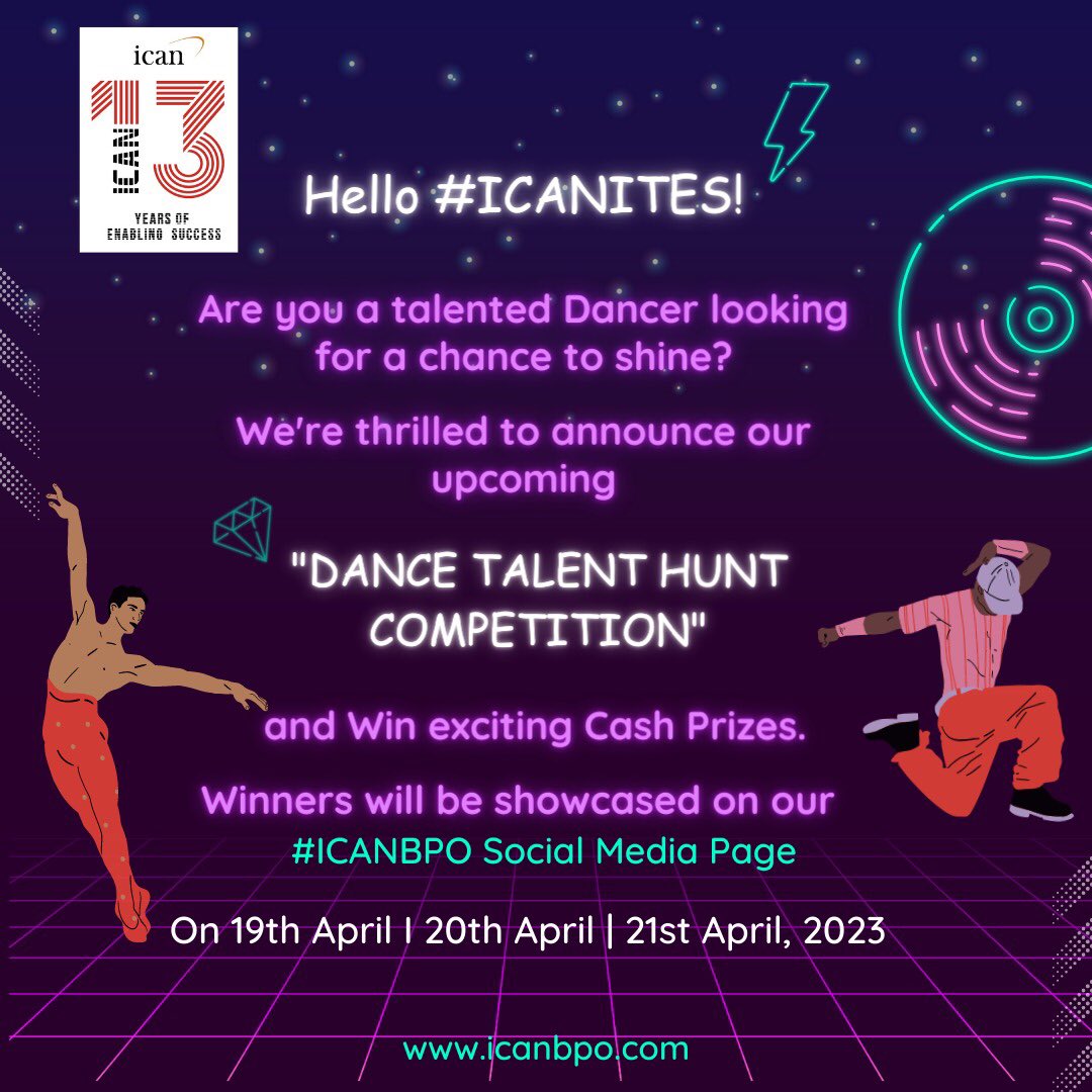ICANBPO's tweet photo. Hello #ICANITES

Are you a talented dancer looking for a chance to shine?

We're thrilled to announce the DANCE COMPETITION

This is your opportunity to showcase your skills and compete against other dancers and win exciting cash prizes

Winners will be showcased on our SMO Page https://t.co/56uWIexbfK
