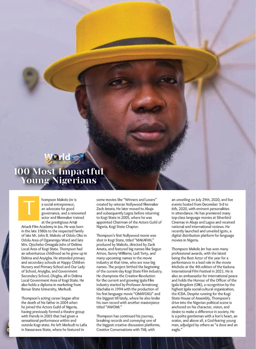 WorldEntourage's tweet photo. He is king of the tube, redefining a generation, and inspiring many. He is described as Nigeria's Denzel Washington, Prolific actor, writer, and producer @ThomsonMakolo Jnr makes our 100 Most Impactful Young Nigeria. Congratulations. https://t.co/O5xvnPzlve
