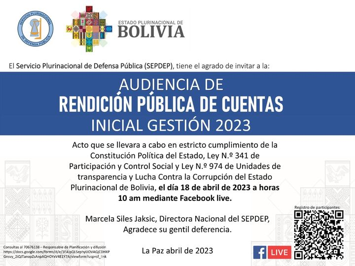 JusticiaBol's tweet photo. Le invitamos a ver la transmisión en vivo de la Audiencia de Redición Pública de Cuentas Inicial Gestión 2023 del Servicio Plurinacional de Defensa Pública (#SEPDEP), entidad dependiente del Ministerio de Justicia y Transparencia Institucional.
#AccesoALaJusticia https://t.co/YNZHAvgMNd
