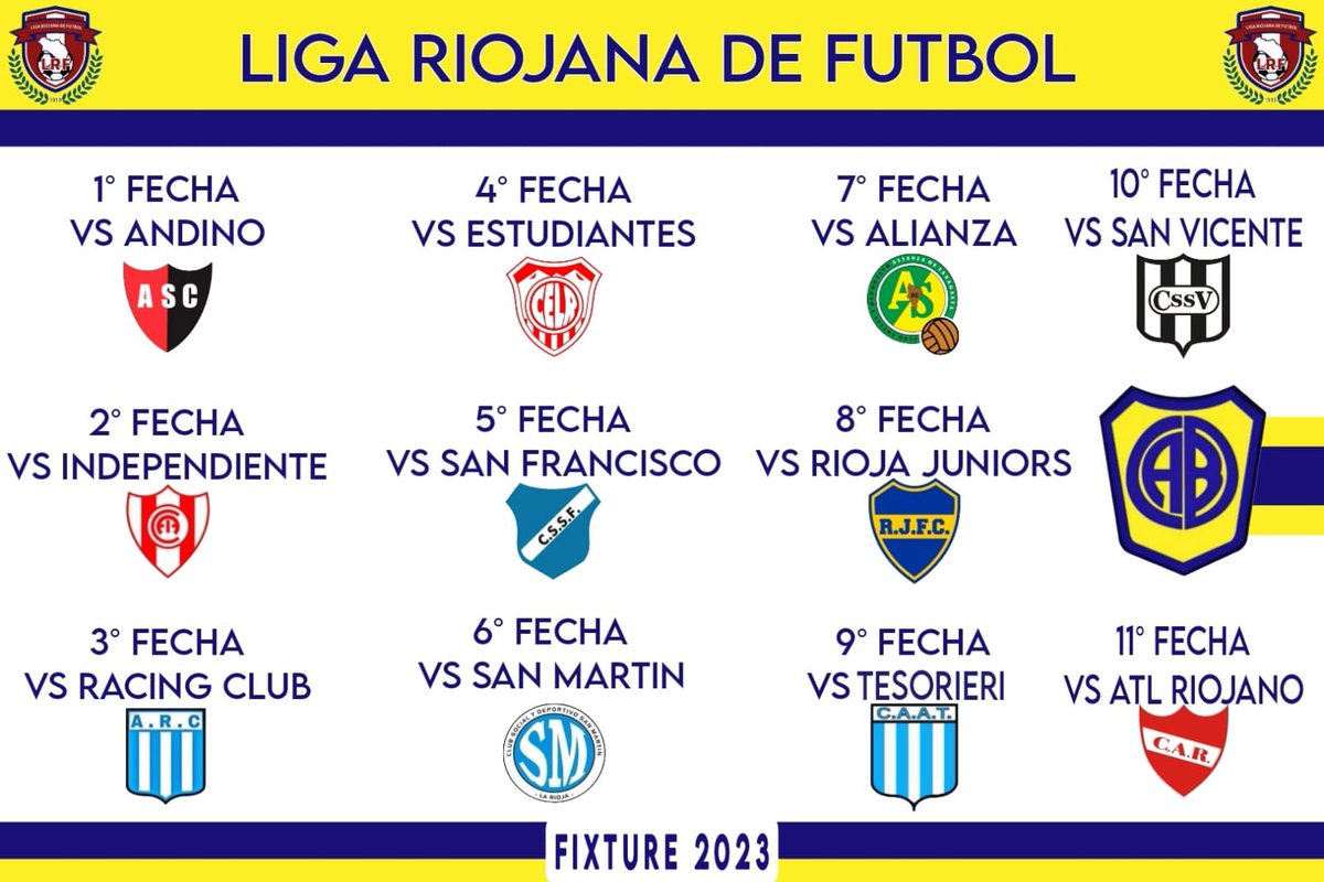 DefdelaBocaLr's tweet photo. FIXTURE DEL TORNEO DE LA LIGA RIOJA DE FÚTBOL 2023.

#SiempreDefe 🟡🔵 https://t.co/sBmzHKjpEj