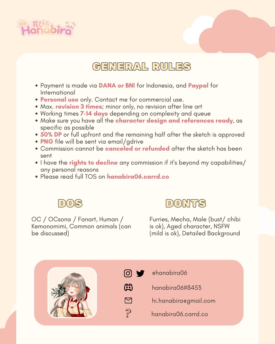 🌸 COMMISSION OPEN 🌸

May waiting list is open! I offer freebies for emotes commission (FREE 1 emote when odering 10 emotes. FREE 3 emotes when ordering 20 emotes). 

Full info: hanabira06.carrd.co 

#commissionopen #emoteartist
<a href="/OpenCommish/">Open Commissions (Offline)</a> <a href="/cmsn_ART/">Art Commission Bot (unstable)</a> <a href="/CmsnArtist_Id/">Rules at Pinned 📌</a>