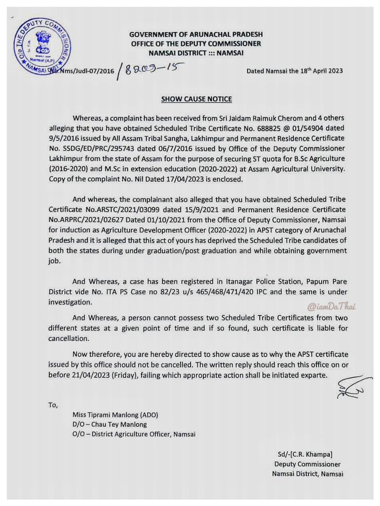 dathai2108's tweet photo. Deputy Commissioner, Namsai has issued a show cause notice to Miss Tiprami Manlong, ADO Namsai for possessing two ST certificate at same time from Assam and Arunachal Pradesh.DC has directed her to reply on or before 21/04/2023, failing which appropriate action will be initiated. https://t.co/V8SlQViLuj