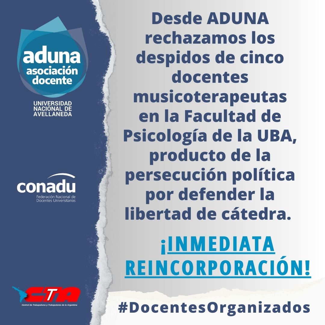 📣 Lxs docentes de la UNDAV nos solidarizamos con lxs compañerxs docentes perseguidxs y despedidxs en la carrera de Musicoterapia de Uba Psicologia
¡EXIGIMOS SU INMEDIATA REINCORPORACIÓN!

<a href="/feduba/">Feduba</a> <a href="/prensaconadu/">CONADU</a>