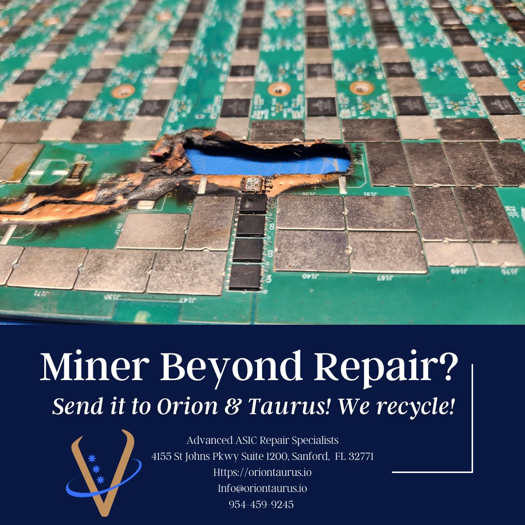 E_Alex_Hays's tweet photo. Do you have miners that are beyond repair? Orion & Taurus recycles! Contact us at info@oriontaurus.io to learn more about our recycling program.
#hashingstrong #bitcoingreen #bitcoin #cryptonews #crypto #recycle #power https://t.co/b4Vh4Ht3FK