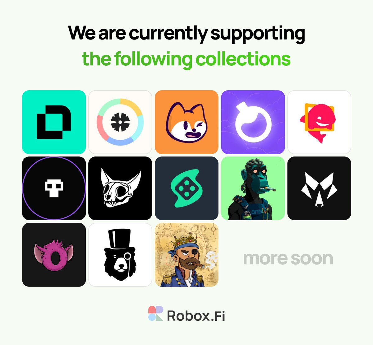 gm,  collections currently trading on Robox:

1. @DeCallsNFT 
2. @THELILYNFT 
3. <a href="/FamousFoxFed/">Famous Fox Federation 🦊🟠</a>  (TFF)
4. <a href="/ElixirNFT/">Elixir</a> 
5. <a href="/SharkyFi/">Sharky 🦈 NFT-backed loans</a> 
6. <a href="/GhostKidDAO/">Ghost Kid</a> 
7. <a href="/CetsNFT/">Cets Community</a> 
8. <a href="/solcasino/"></a> 
9. <a href="/Primatesnft/">Primates🌿</a> 
10. <a href="/WolfCapital_/">Wolf Capital 🐺</a> 
11. <a href="/oogyNFT/">oogy</a> 
12. <a href="/DandiesNFT/">Dandies</a> 
13. <a href="/LiquidCapNFT/">Serkan Yıldız </a> 

More to come!