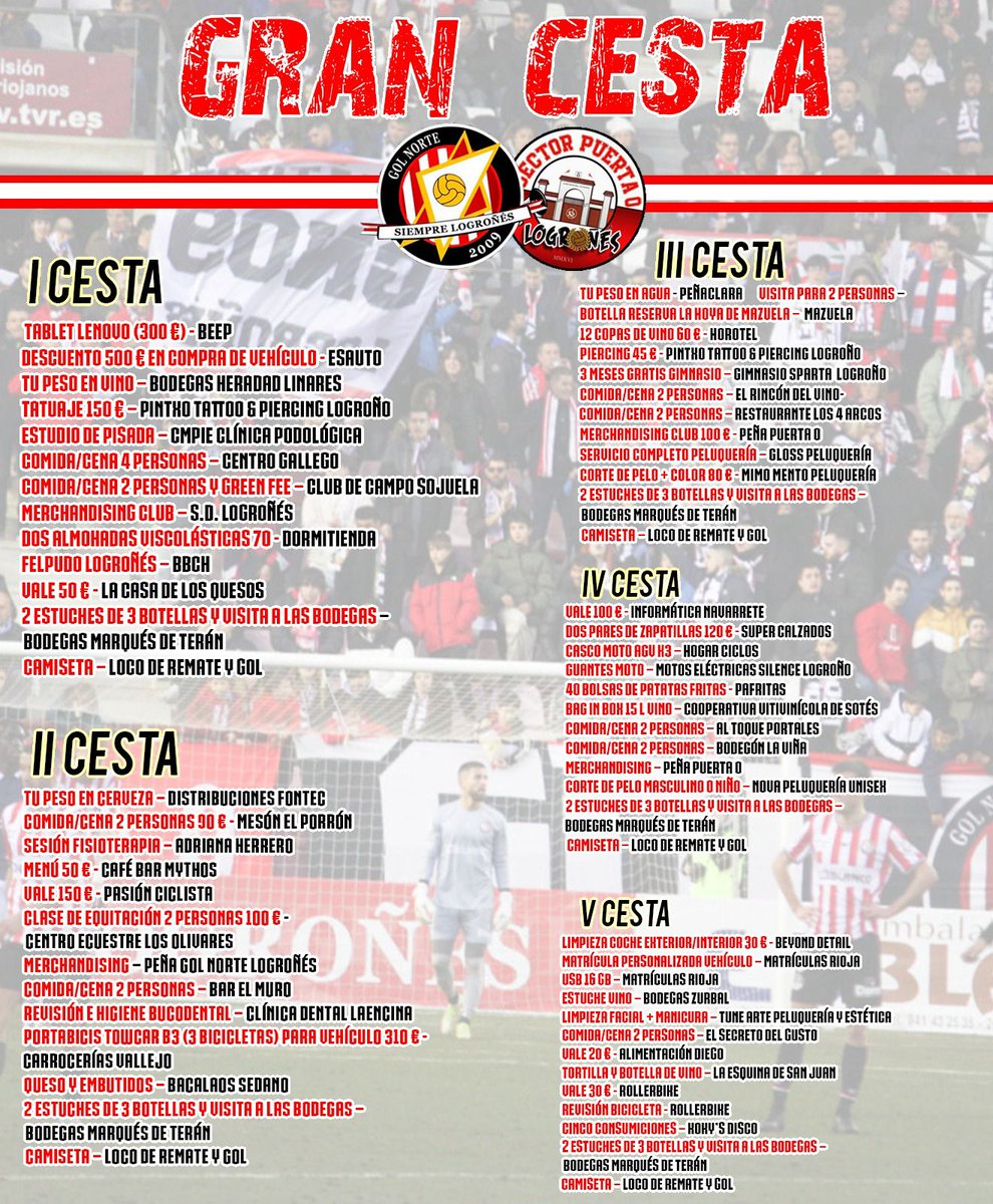 ¡SORTEO GRAN CESTA! 

🤝 Gol Norte y <a href="/PLogrones/">PuertaCeroLOGROÑÉS</a> organizan el sorteo de una gran cesta blanquirroja

✅ Agradecer a los colaboradores y patrocinadores la implicación 

🧾 Puedes adquirir boletos en la oficina de Las Gaunas o los días de partido en fondo norte y preferencia