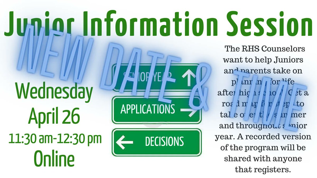 New day, time, and format for this program!  Parents of the Class of 2024, we hope you can join us!  Register here for a meeting link: buff.ly/3mEir1M  <a href="/wearrrichmond/">WeRrichmond</a> <a href="/RHSRedDevils/">Richmond Athletics</a> <a href="/StuCoRichmond/">RHS Student Council</a>