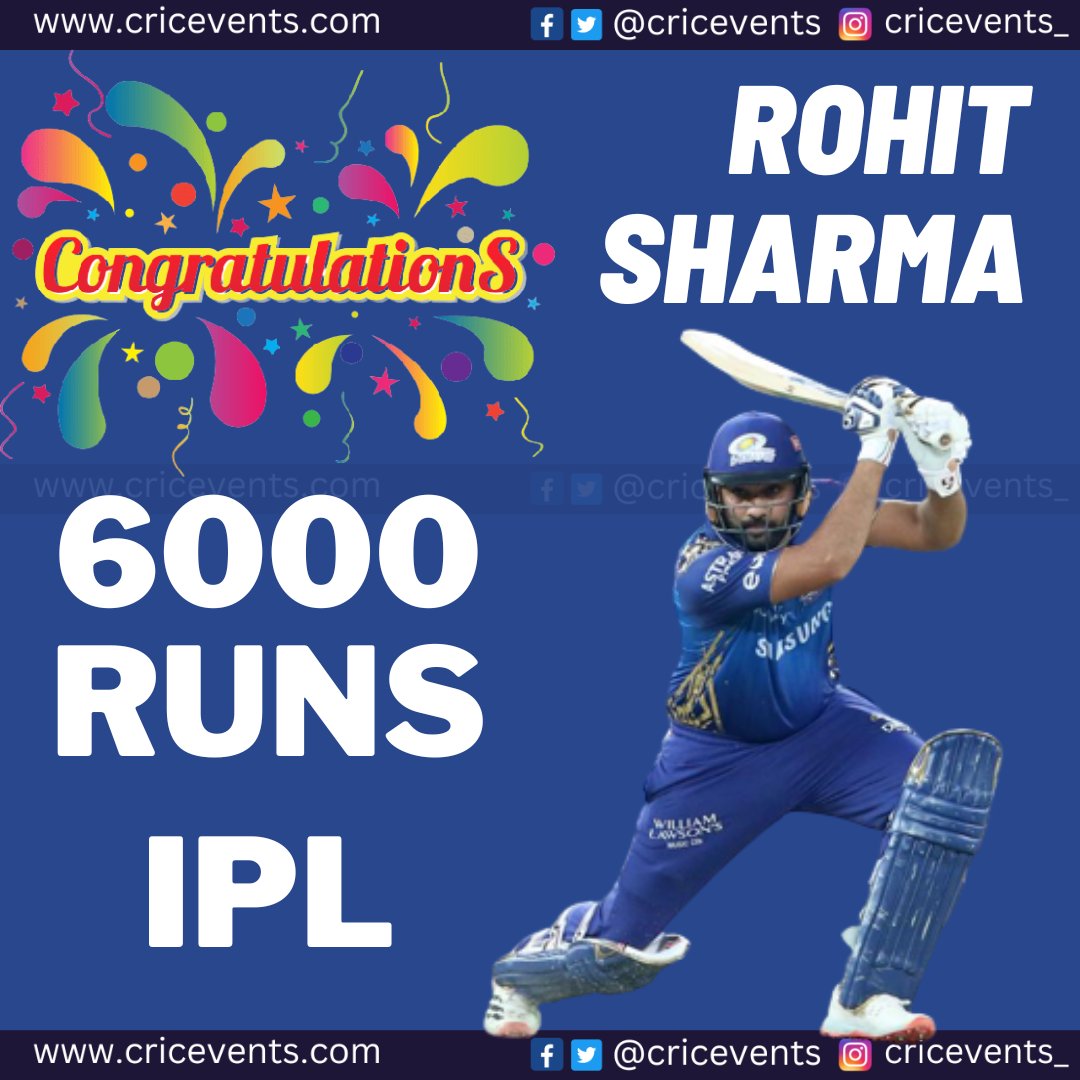 cricevents's tweet photo. Congratulations Rohit Sharma for 6000 IPL Runs #RohitSharma𓃵 #SRHvMI #MIvSRH https://t.co/qqd1z237da