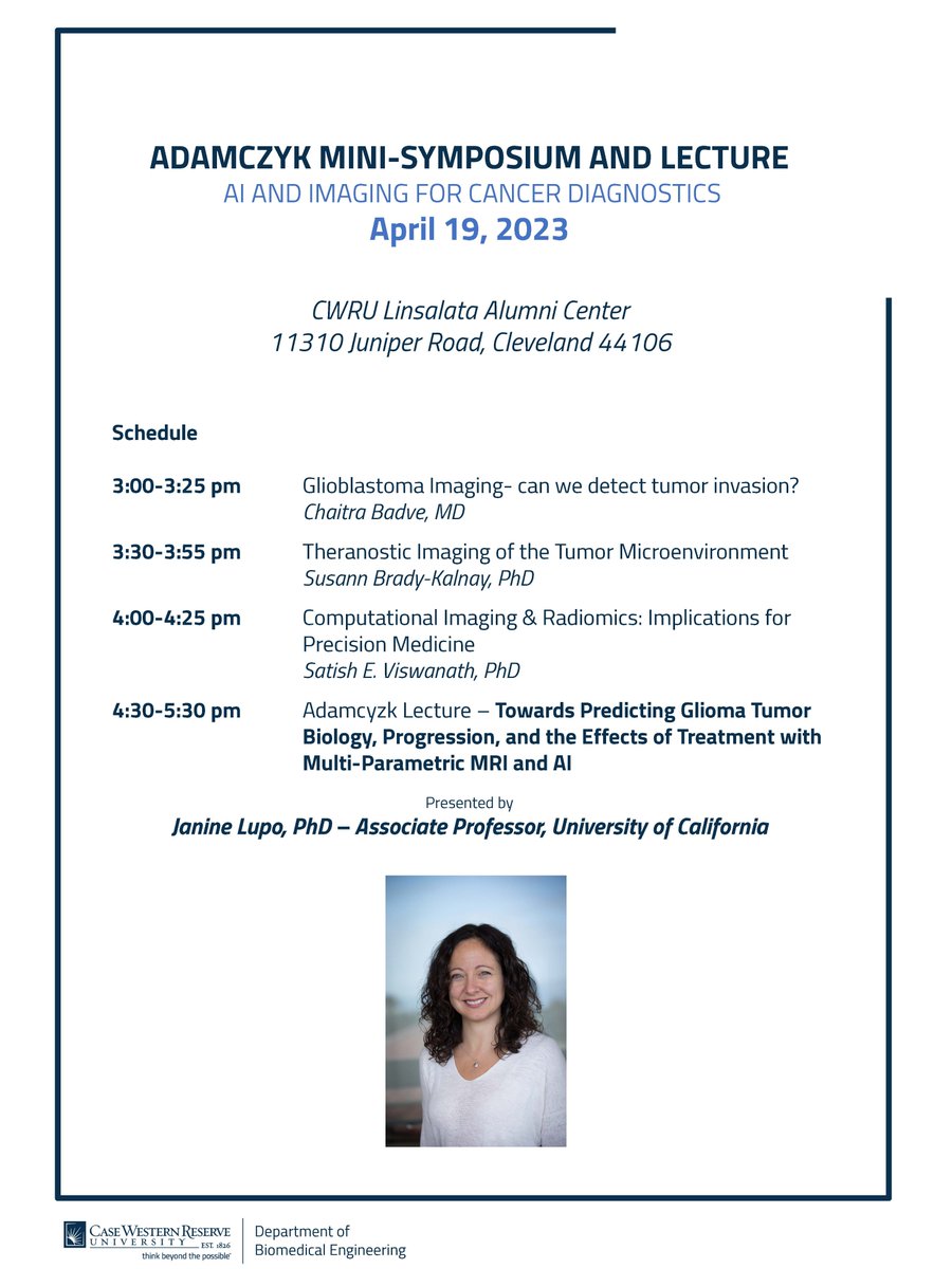 #AI and #imaging for #cancer diagnostics! Please join us for the <a href="/CWRUBME/">CWRU Biomedical Engineering</a> Adamczyk mini-symposium and lecture tomorrow, April 19th! No RSVP needed. 
<a href="/satishev/">Satish E. Viswanath</a> <a href="/MRI_Dan/">Dan Ma</a> <a href="/MRI_ChaitraB/">Chaitra Badve</a> <a href="/CaseEngineer/">CWRU Engineering</a> <a href="/CWRUSOM/">CWRU School of Medicine</a> <a href="/UHRadiology/">UH Radiology Cleveland</a>