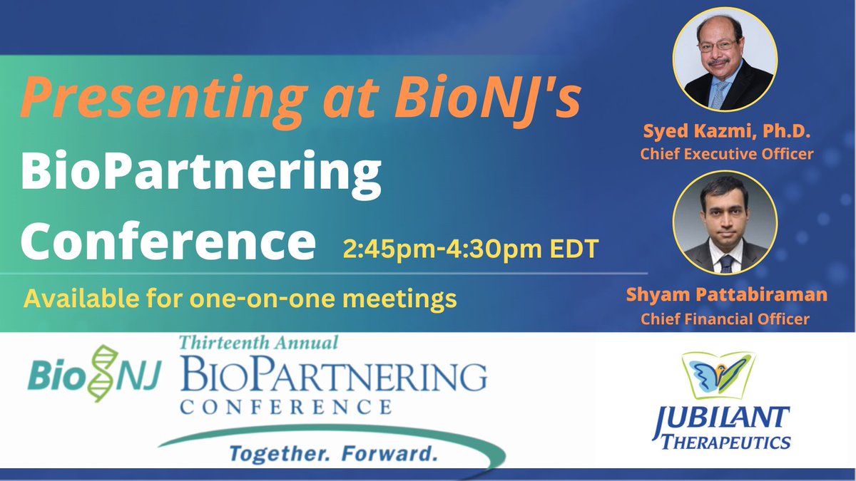 Today our CEO, Syed Kazmi, Ph.D., and CFO, Shyam Pattabiraman, are presenting at <a href="/BioNJ_Org/">BioNJ</a> BioPartnering Conference from 2:45-4:30pm EDT. If you are attending the conference, please stop by our presentation and learn about Jubilant Therapeutics! #BioNJ #BioP2023