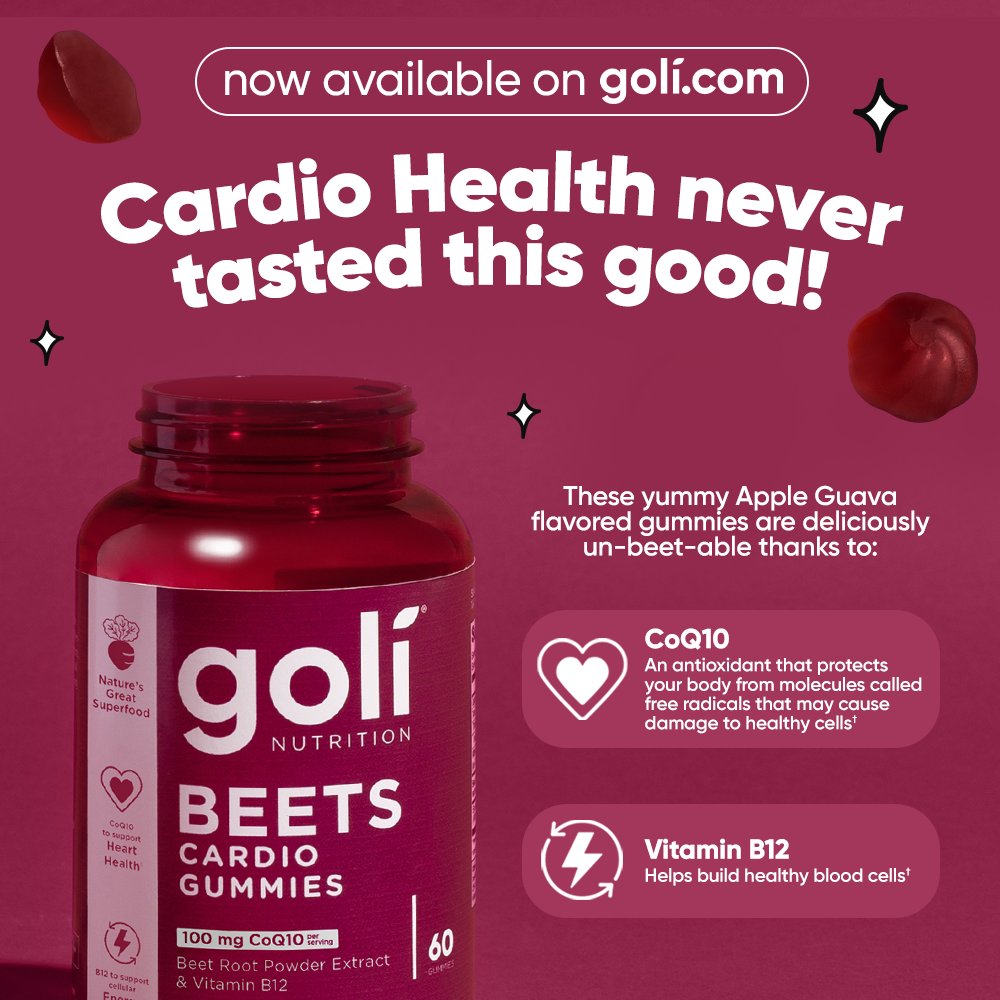 GoliNutrition's tweet photo. Are you looking for a convenient way to support your heart health? 🤸🏼‍♀️

Try Goli® Beets Cardio Gummies! Our gummies contain Beet Root Extract, CoQ10, and Vitamin B12, which offer antioxidant support and help support cardio health.

NOW AVAILABLE AT✨https://t.co/WRi5m3RgwE ✨ https://t.co/hkfxmoUHBt