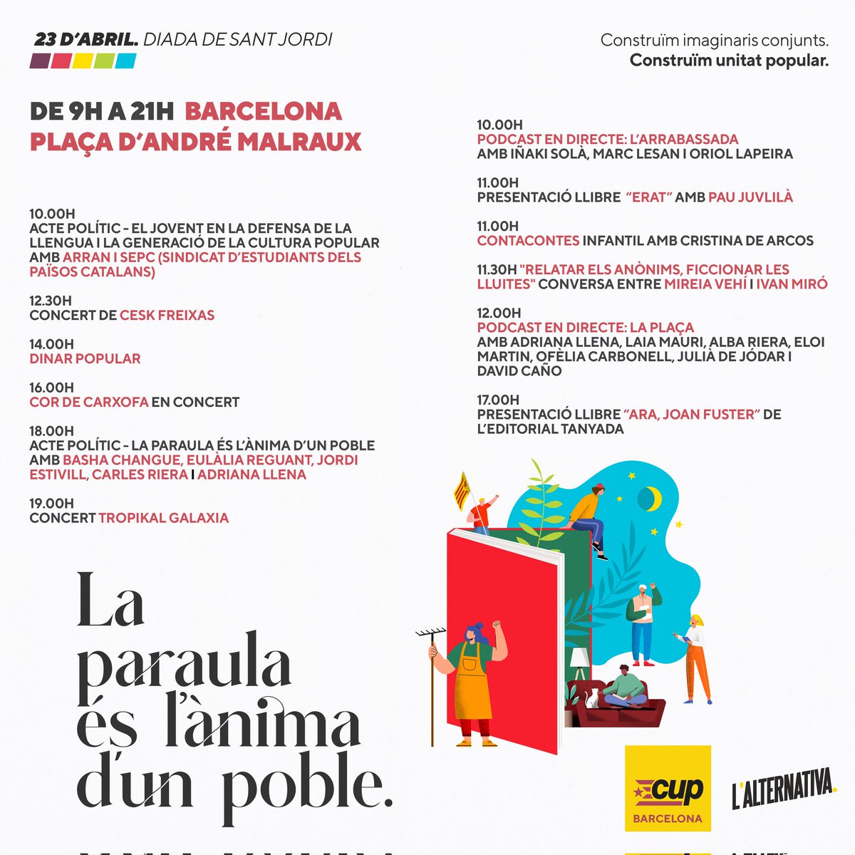 Endavant_Bcn's tweet photo. 🗓️23 d'abril.
⏰De 9 a 21 h...
📚"La paraula és l'ànima del poble"

Xerrades, presentacions, podcasts, activitats, paradetes d'organitzacions i editorials... 

Nosaltres també hi serem👇 https://t.co/0MevcdaCSa