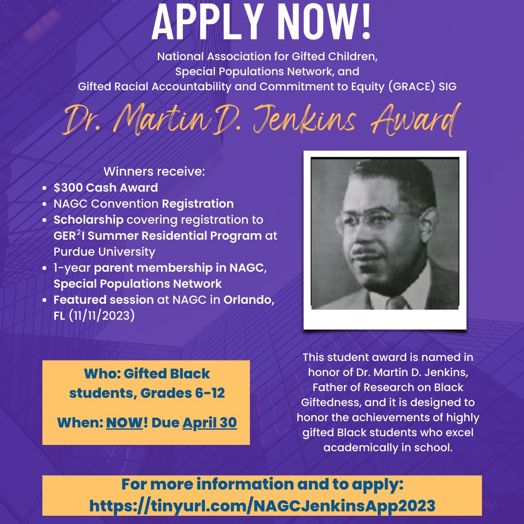 Have you nominated your student yet for the 2023 Martin D. Jenkins Scholar Award? If not, we hope to hear from you soon! Submissions are due in 12 days!! @NAGCGIFTED #GTSpecialPops #NAGC23
Please share with eligible middle and high schoolers you know!